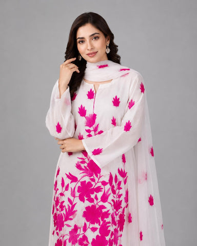 Pink Handmade Floral Chiffon 3pc