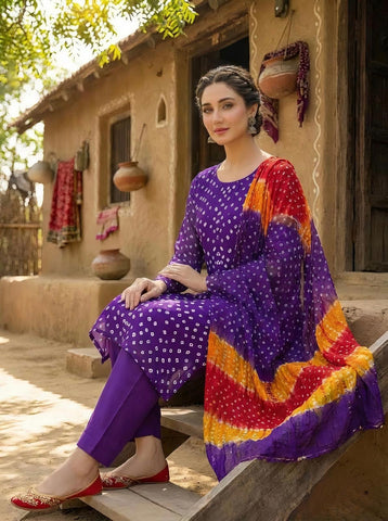 Royal Purple Bandhani 3-Piece Suit