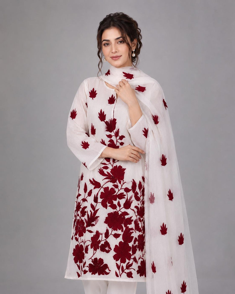 Maroon Handmade Floral Chiffon 3pc