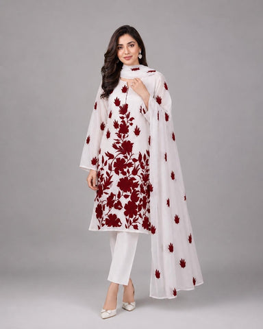 Maroon Handmade Floral Chiffon 3pc