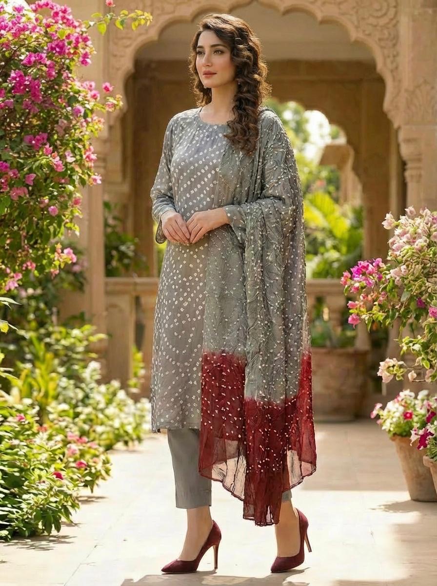 Silver Grey Bandhani 3-Piece Suit