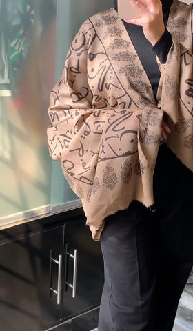 Beige Urdu Calligraphy Print Shawl