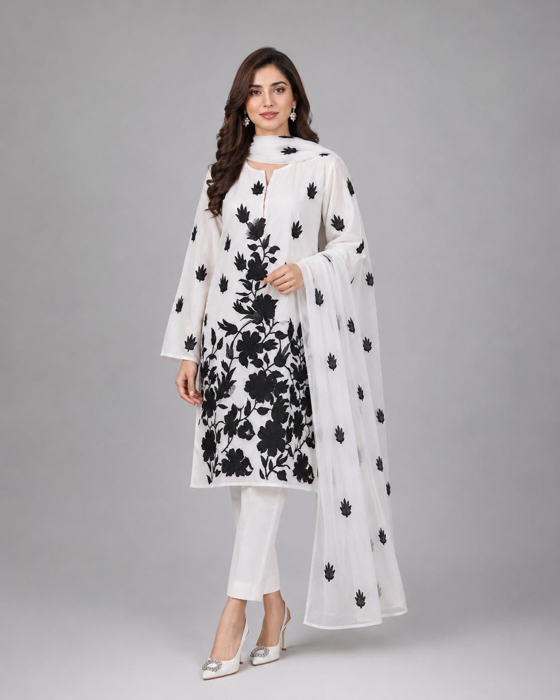 Black Handmade Floral Chiffon 3pc