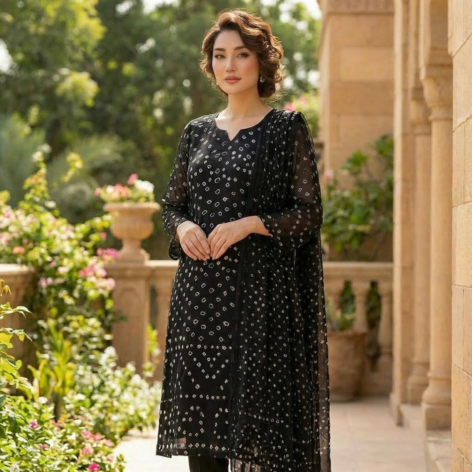 Midnight Black Bandhani 3-Piece Suit