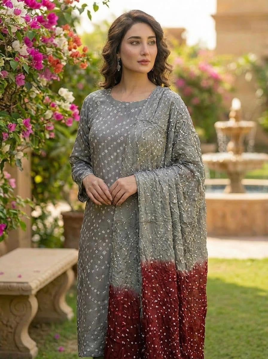 Silver Grey Bandhani 3-Piece Suit