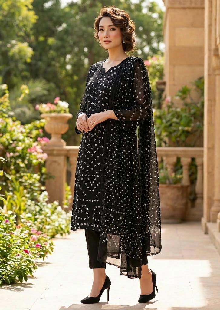Midnight Black Bandhani 3-Piece Suit