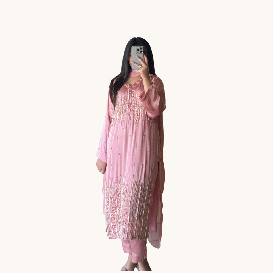 Rose Pink Pearl Embellished Silk Suit