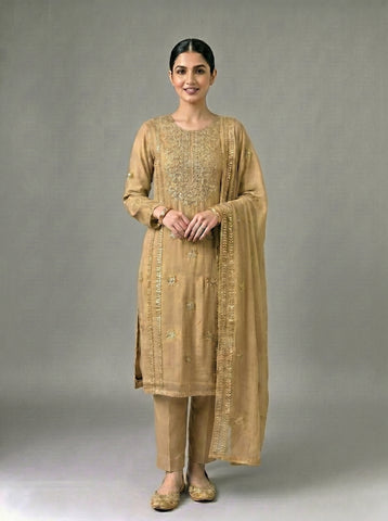 A beautifully crafted three-piece  suit, handmade with intricate gota work for an elegant, traditional finish....