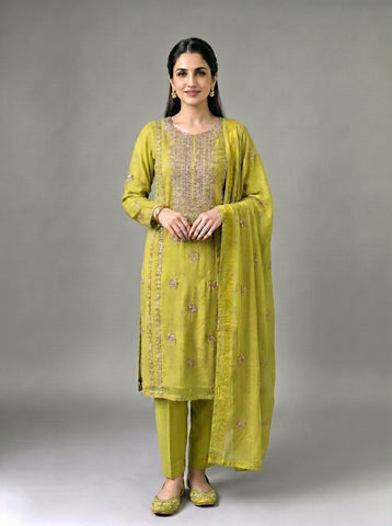 A beautifully crafted three-piece  suit, handmade with intricate gota work for an elegant, traditional finish....
