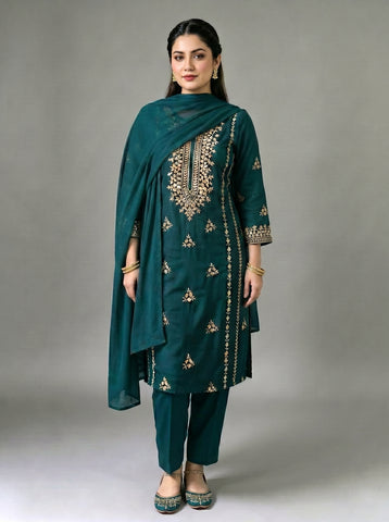 A beautifully crafted three-piece  suit, handmade with intricate gota work for an elegant, traditional finish....