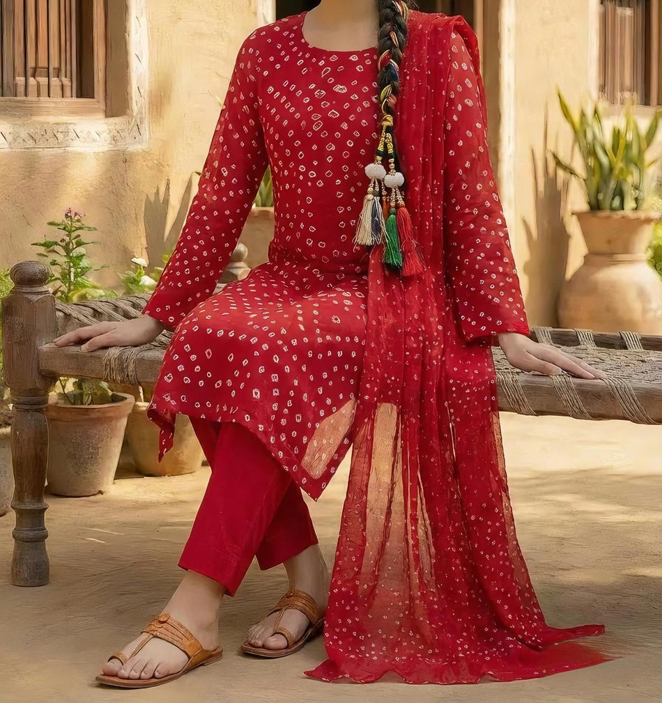 Red Bandhani 3-Piece Suit