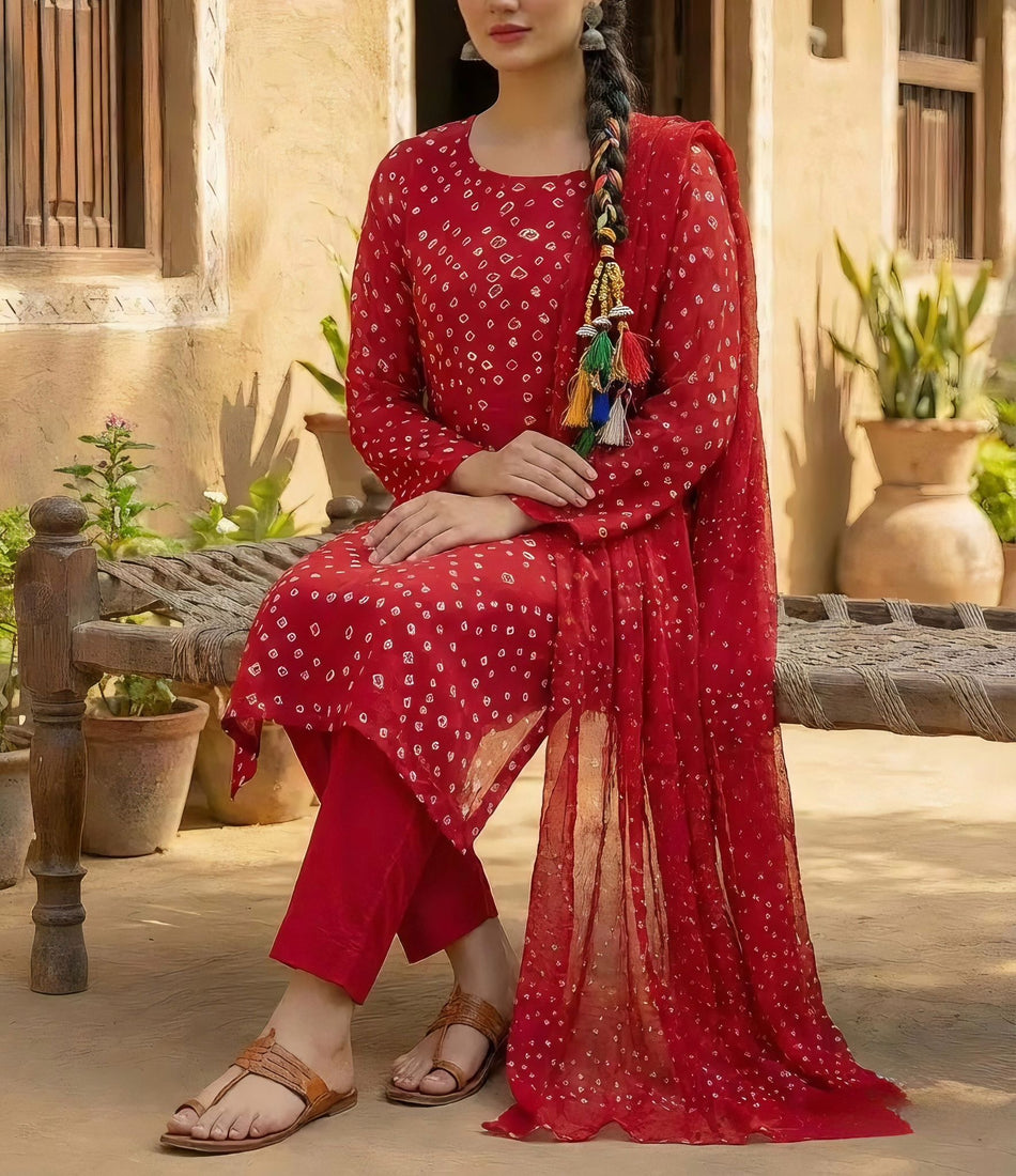 Red Bandhani 3-Piece Suit
