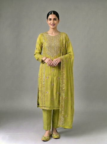 A beautifully crafted three-piece  suit, handmade with intricate gota work for an elegant, traditional finish....
