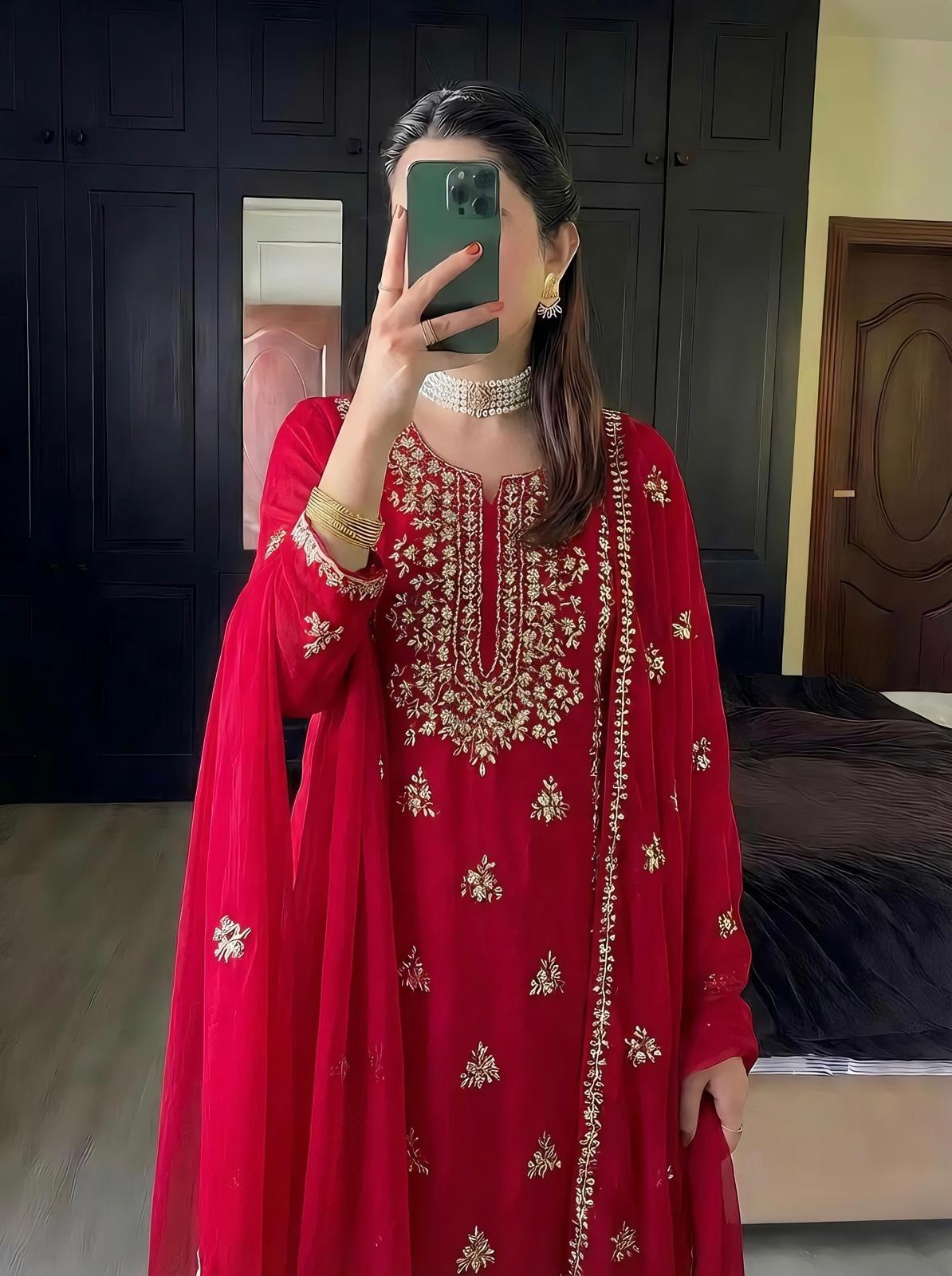 Red Embroidered Chiffon Suit