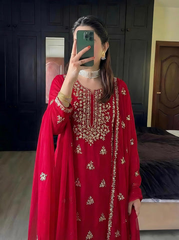 Red Embroidered Chiffon Suit