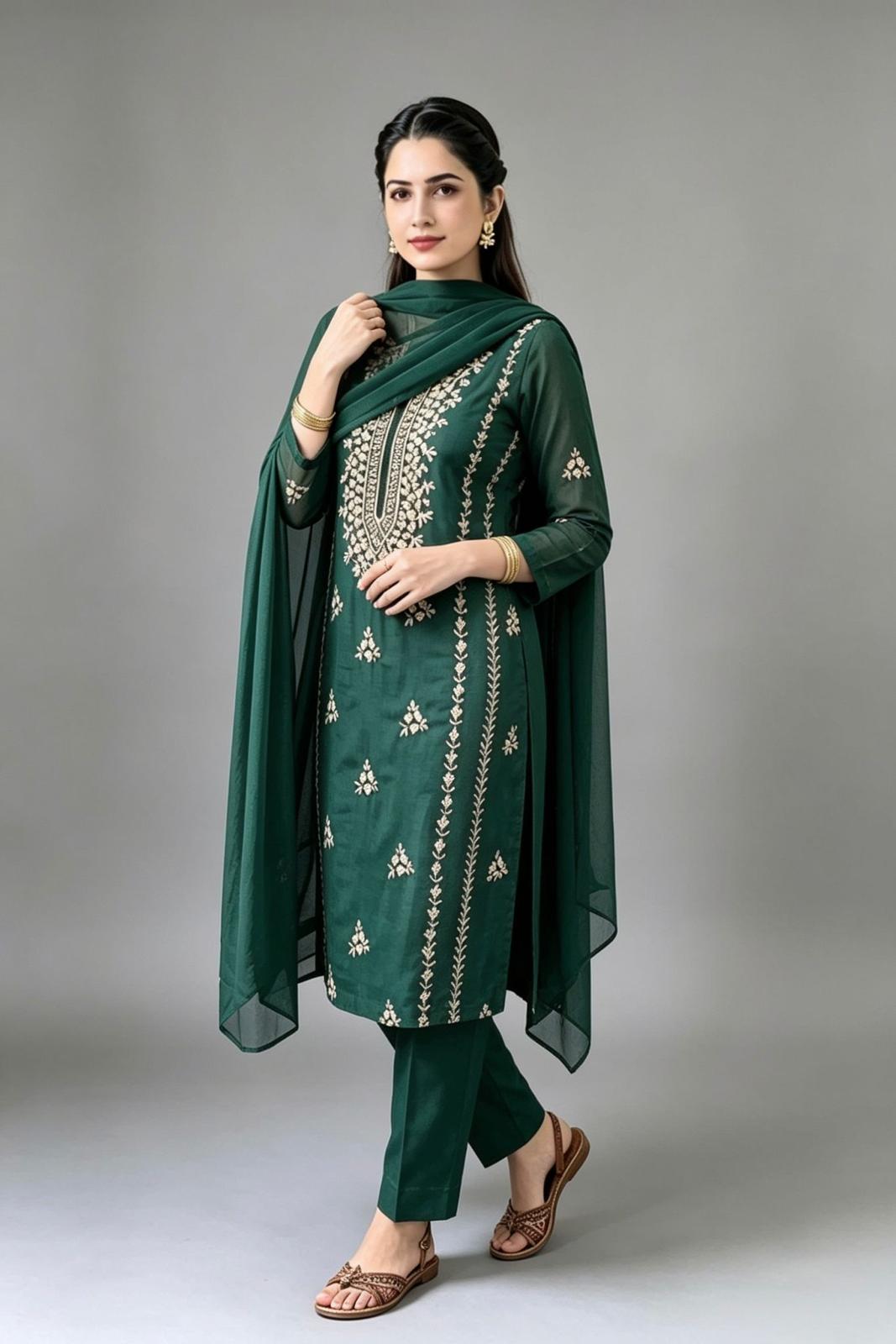 A beautifully crafted three-piece  suit, handmade with intricate gota work for an elegant, traditional finish....