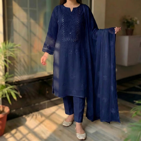 Premium Chikan Kari & Gotta Embellished Three-Piece Suit