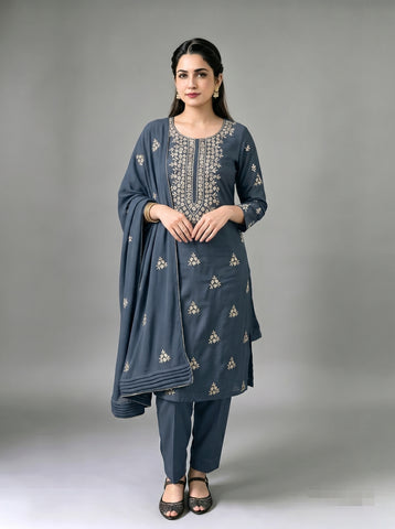 A beautifully crafted three-piece  suit, handmade with intricate gota work for an elegant, traditional finish....
