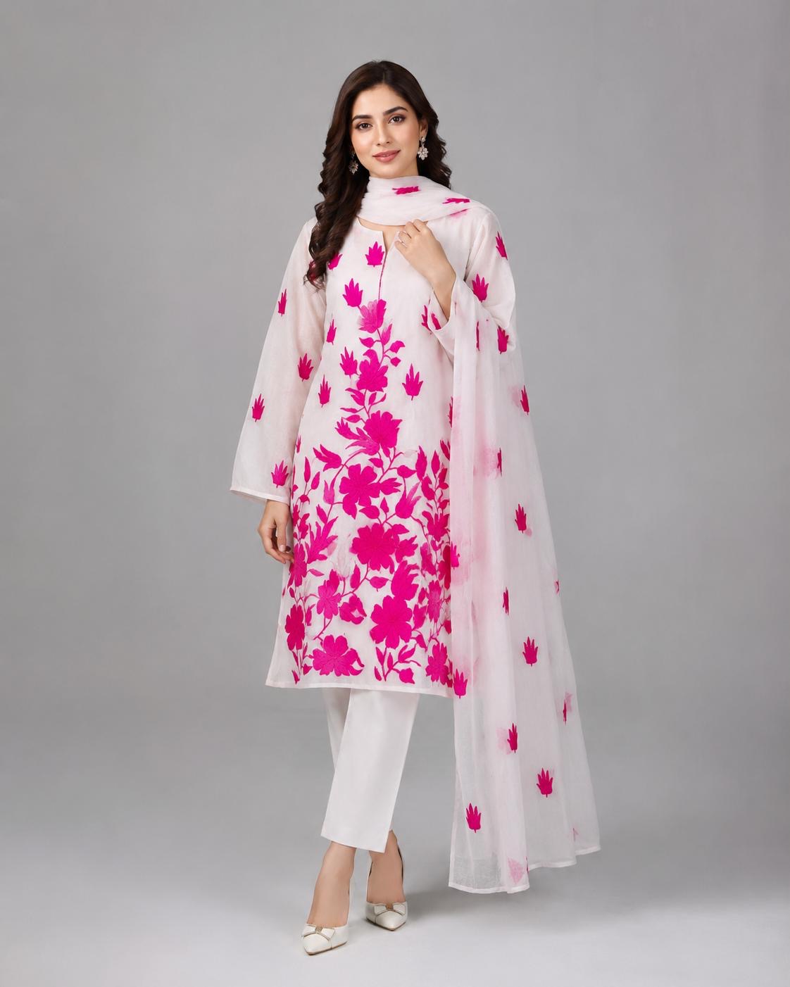 Pink Handmade Floral Chiffon 3pc