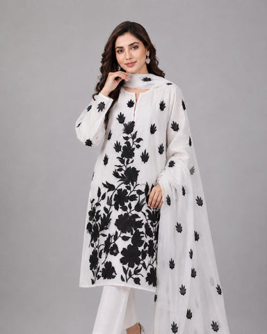 Black Handmade Floral Chiffon 3pc